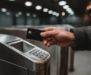 Person using a card at a ticket machine in a modern urban transit station