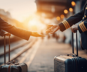 Passengers and staff connect at the train station during a golden sunset