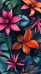 Flowers and foliage background. Tropical leaves and colorful flowers on foliage nature background.