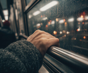 Rainy evening commute on public transportation with a hand gripping the rail