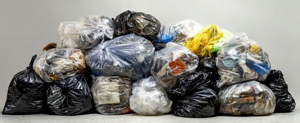 The pile of assorted garbage bags awaiting proper disposal and recycling.