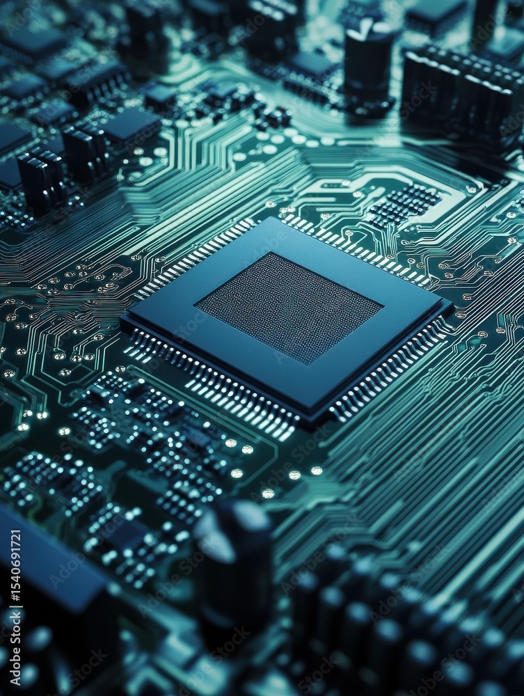 Poster intricate closeup of a processor chip on circuit board, exploring the complexities of modern computi