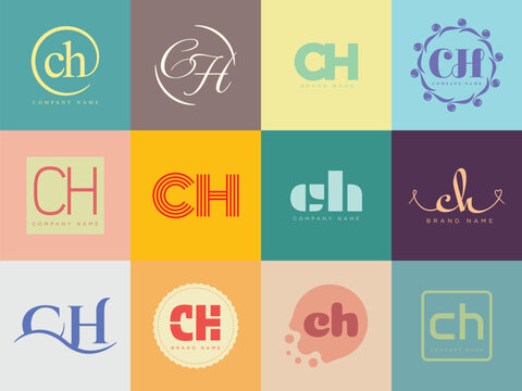 CH logo company template. Letter c and h logotype. Set different classic serif lettering and modern bold text with design elements. Initial font typography.