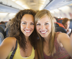 Two friends smiling while sitting together on an airplane during a flight