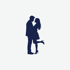 Elegant dark blue silhouette of a romantic couple in a close pose, set against a white background. Perfect for love-themed designs, Valentine's Day, and emotional artwork.