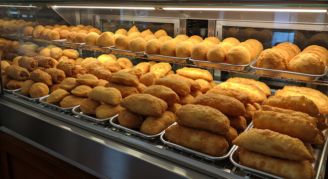 A bakery display case filled with assorted savory snacks like coxinhas, risoles, and esfihas, warmly lit and organized in rows.