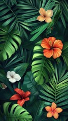 Flowers and foliage background. Tropical leaves and colorful flowers on foliage nature background.