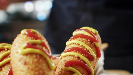 Delicious and appetizing Korean corn dogs with melted cheese, ketchup and mustard close-up shot in 4K: A popular and tasty street food snack, perfect for foodies and social media content