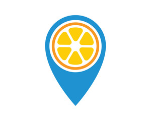 A vibrant, stylized illustration depicting a location pin containing an orange fruit slice. Perfect for representing food delivery, local farmers markets, and healthy food options.