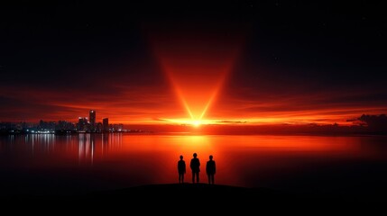 Silhouettes of people watch a vibrant sunrise over a city