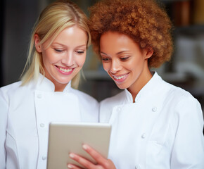 Chefs reviewing recipes together in a modern culinary kitchen setting