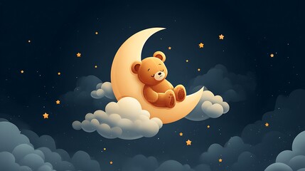 Cute teddy bear sleeping on crescent moon with stars and clouds