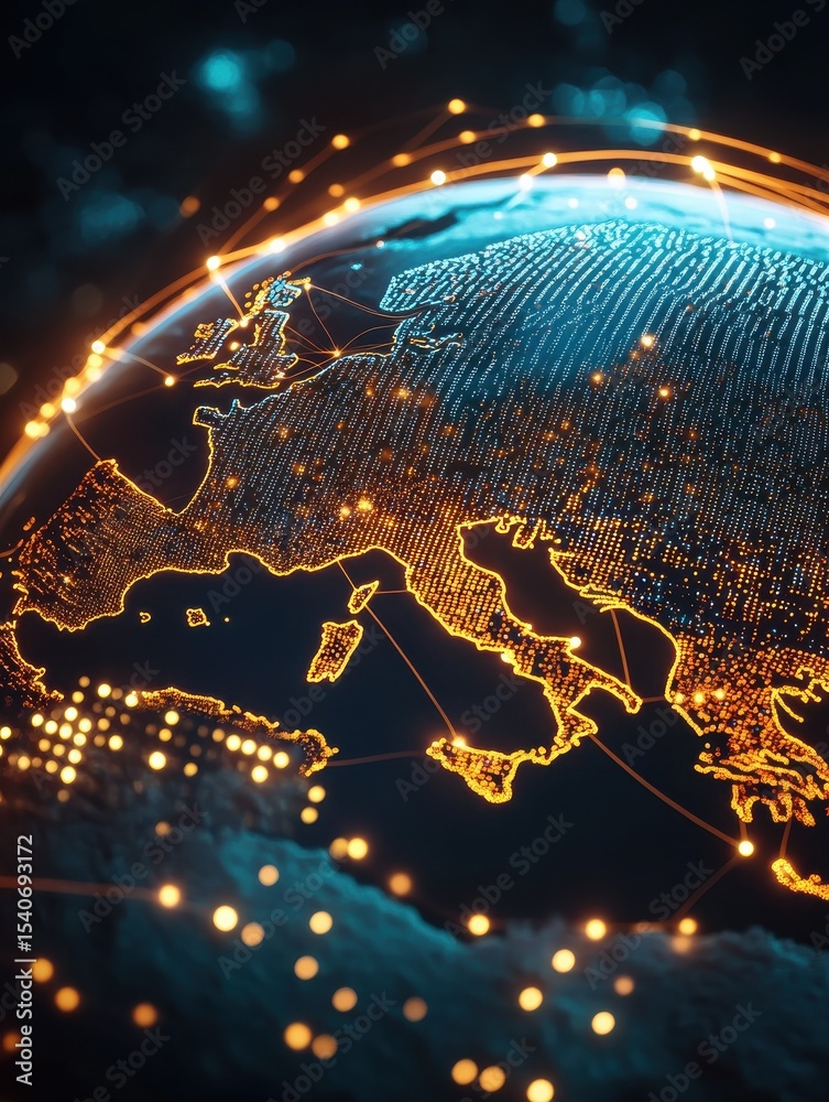 Poster a 3d globe map highlighting europe with binary code flowing and lines connecting digital dots, symbo