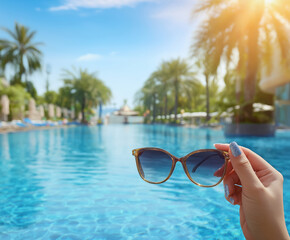 Sunglasses held by a hand near a tropical pool surrounded by palm trees on a sunny day