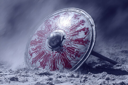 A striking red emblem shield lies in sandy terrain, partly hidden by swirling mist, evoking a mystical atmosphere