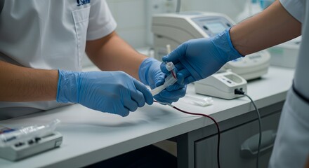 Medical Professionals Carefully Handling Blood Sample in Sterile Lab Environment