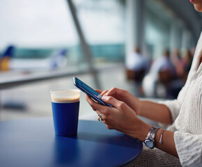 Traveler checks mobile phone while enjoying coffee at airport lounge seating area