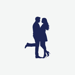 Elegant dark blue silhouette of a romantic couple in a close pose, set against a white background. Perfect for love-themed designs, Valentine's Day, and emotional artwork.