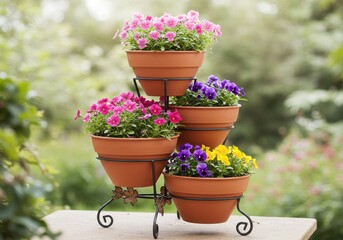 Tiered flower pots with colorful flowers isolated on transparent background