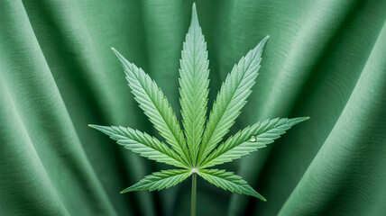 A high-resolution photograph of a single cannabis leaf centered on a dark forest green background.