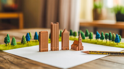 A miniature architectural model of a city skyline on a white paper base. The model features three brown rectangular buildings of varying heights, with a small brown church with a steeple.