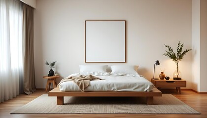 japandi entryway with wooden bench and black-and-white geometric wall art in minimalist style