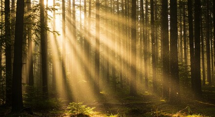 Naklejka premium Sunlight Filtering Through Forest Trees with Subtle Dust Particles Floating in the Air 