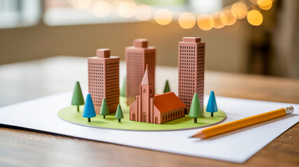 A miniature architectural model of a city skyline on a white paper base. The model features three brown rectangular buildings of varying heights, with a small brown church with a steeple.