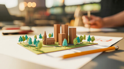 A miniature architectural model of a city skyline on a white paper base. The model features three brown rectangular buildings of varying heights, with a small brown church with a steeple.