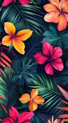 Flowers and foliage background. Tropical leaves and colorful flowers on foliage nature background.