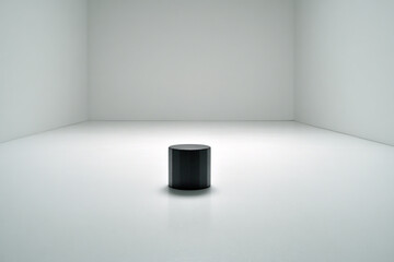 Fototapeta premium A black cylindrical object sits alone on a reflective white floor in a spacious, minimalist gallery setting