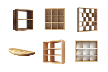A collection of wooden shelves showcasing various designs and arrangements. Ideal for interior decor inspiration or furniture design projects.