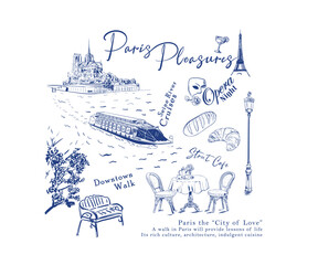 Paris travel hand drawn vector art, Things to do in Paris poster design, European summer vacation artwork for t shirt, wall art, graphic print