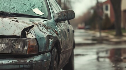 Damaged car parked on a rainy day showing consequences of a road accident
