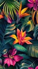 Flowers and foliage background. Tropical leaves and colorful flowers on foliage nature background.