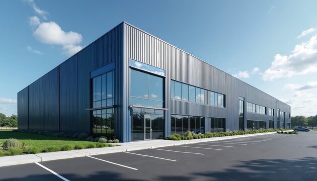 Modern commercial building located industrial park. Exterior facade design, glass windows, blue sky background. Architecture for business, office, storage warehouse. Parking lot near building. Urban