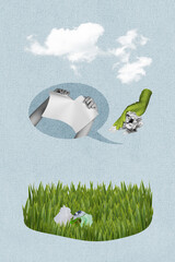 3D collage design composite artwork sketch of speech cloud broken paper hand hold paper ball trash...