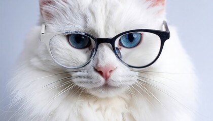 Close up of a fluffy white cat face with striking blue eyes and stylish black frame glasses