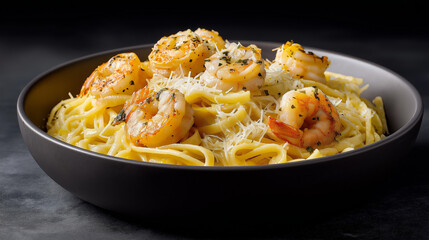A bowl of creamy shrimp scampi tossed with al dente linguine, buttery garlic sauce, lemon zest, and Parmesan