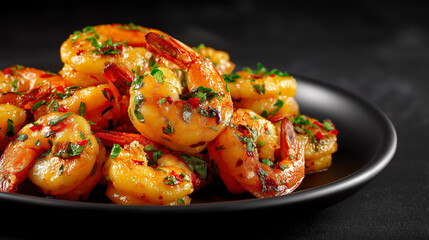 A plate of succulent garlic butter shrimp, perfectly seared, tossed in rich buttery sauce with chopped herbs and chili flakes