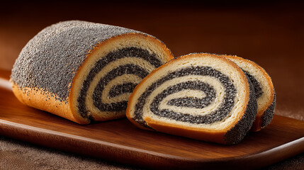 A traditional Makowiec (poppy seed roll) with rich, sweet poppy seed filling and soft, buttery dough