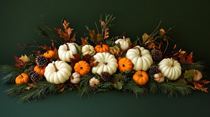 Easter eggs and vibrant flowers on a black background contrast with a festive autumn pumpkin and harvest leaves, perfect for fall or Halloween holiday illustrations
