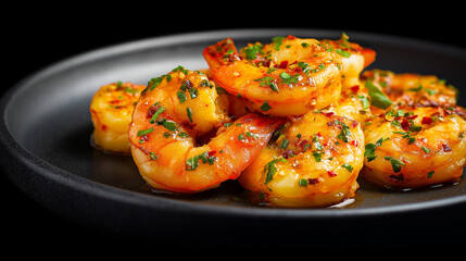 A plate of succulent garlic butter shrimp, perfectly seared, tossed in rich buttery sauce with chopped herbs and chili flakes