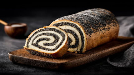 A traditional Makowiec (poppy seed roll) with rich, sweet poppy seed filling and soft, buttery dough