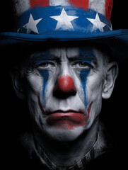 Patriotic Clown in USA Flag Colors — Symbol of Satire, Division, Commercialism, and Culture in America, Representing National Pride, Politics, and Society’s Contrasts