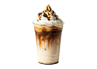 iced coffee with whipped cream, syrup, and coffee beans