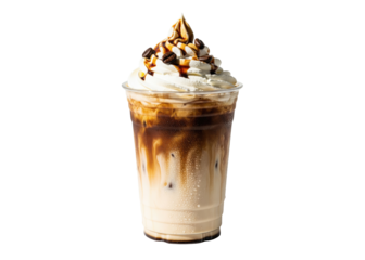 iced coffee with whipped cream, syrup, and coffee beans