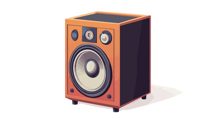 Obraz premium A digital illustration of a retro-style orange stereo speaker. The speaker is a rectangular box shape with a large circular woofer and smaller tweeter visible on the front. The top of the speaker