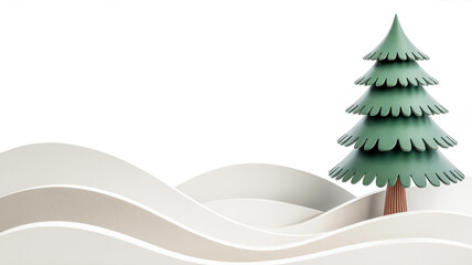 A minimalist digital illustration of a dark green evergreen tree with a brown trunk against a pure white background.