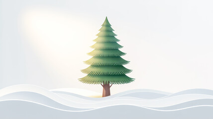 A minimalist digital illustration of a dark green evergreen tree with a brown trunk against a pure white background.